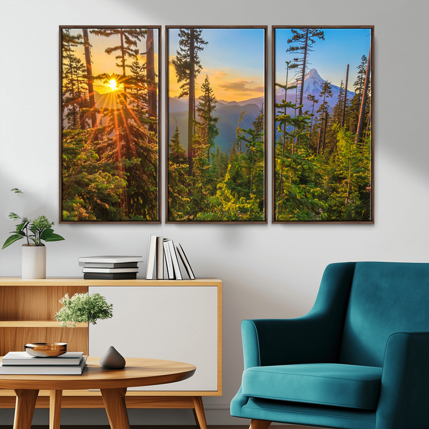 Colorful canvas of Mount Hood and Oregon forest at sunset, featuring sunburst light and lush pine trees for rustic nature decor.