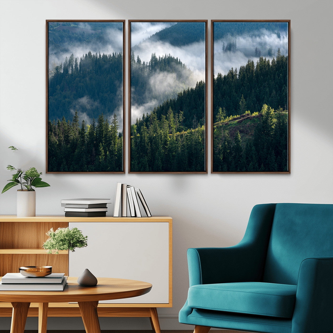 Moody canvas of misty pine forests over layered hills, perfect for cool-toned nature-inspired or woodland-style home decor.