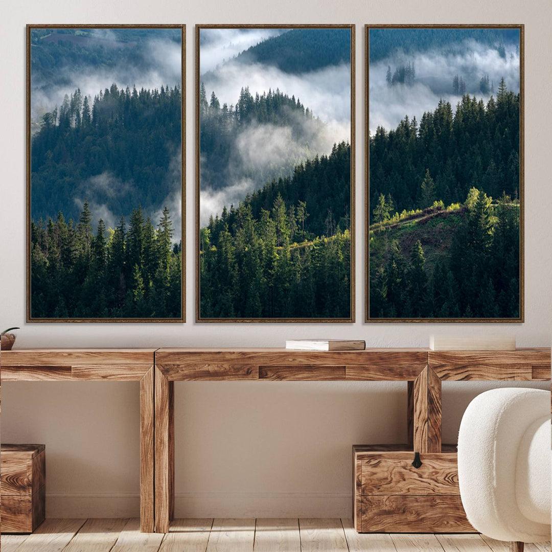 Moody canvas of misty pine forests over layered hills, perfect for cool-toned nature-inspired or woodland-style home decor.