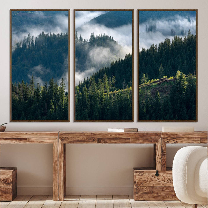 Moody canvas of misty pine forests over layered hills, perfect for cool-toned nature-inspired or woodland-style home decor.