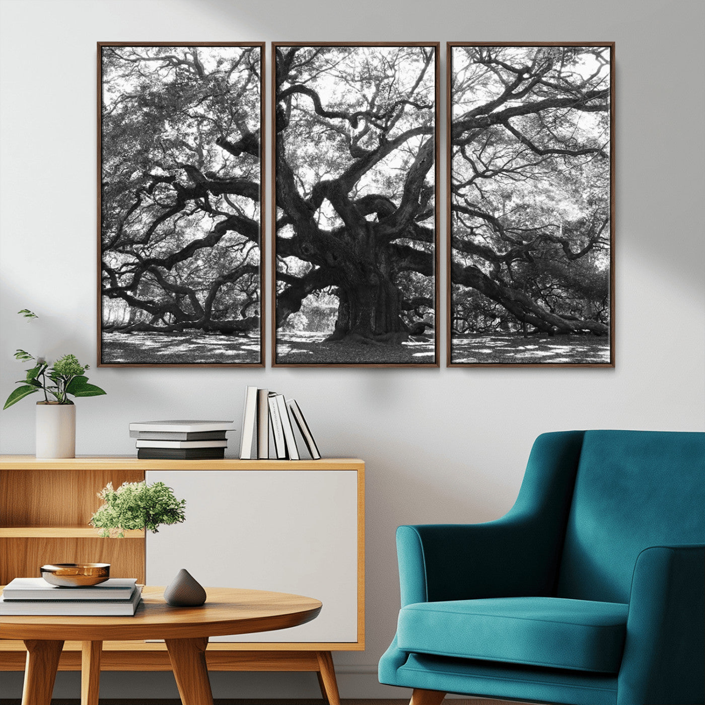 Black and white canvas of an ancient oak tree with sprawling, twisted branches, ideal for moody nature-inspired or rustic decor.