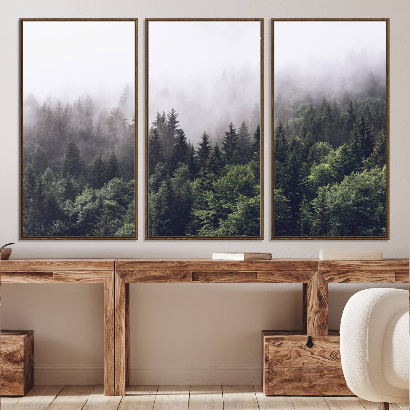 62890402-MGV-CV-36X24-Misty Forest Wall Art Canvas Print, Framed Foggy Pines Art Picture Print, Pine Valley Perfect Moody Woodland Decor