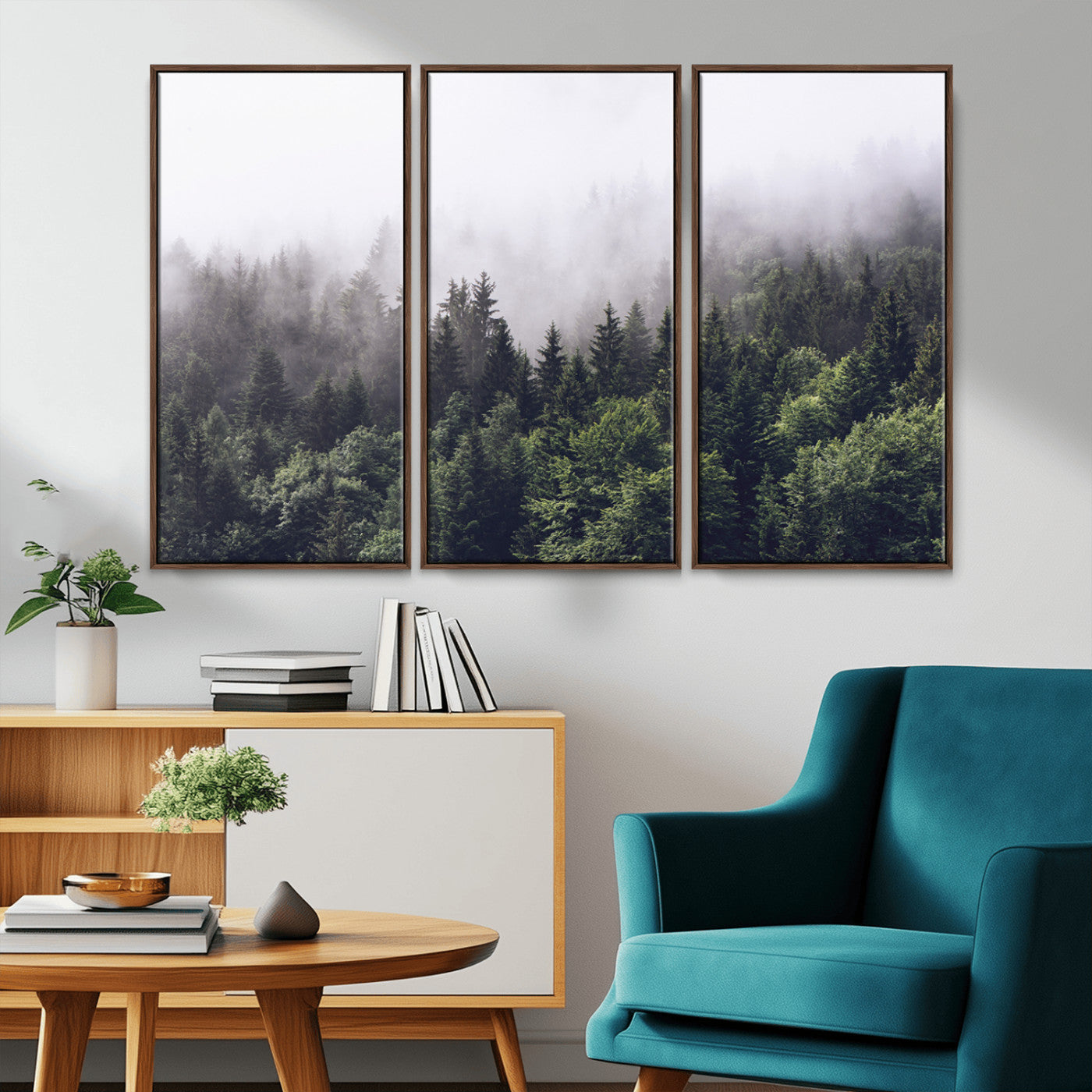 Canvas of dense misty forest in dark green tones, ideal for moody forest or atmospheric woodland-themed home decor.