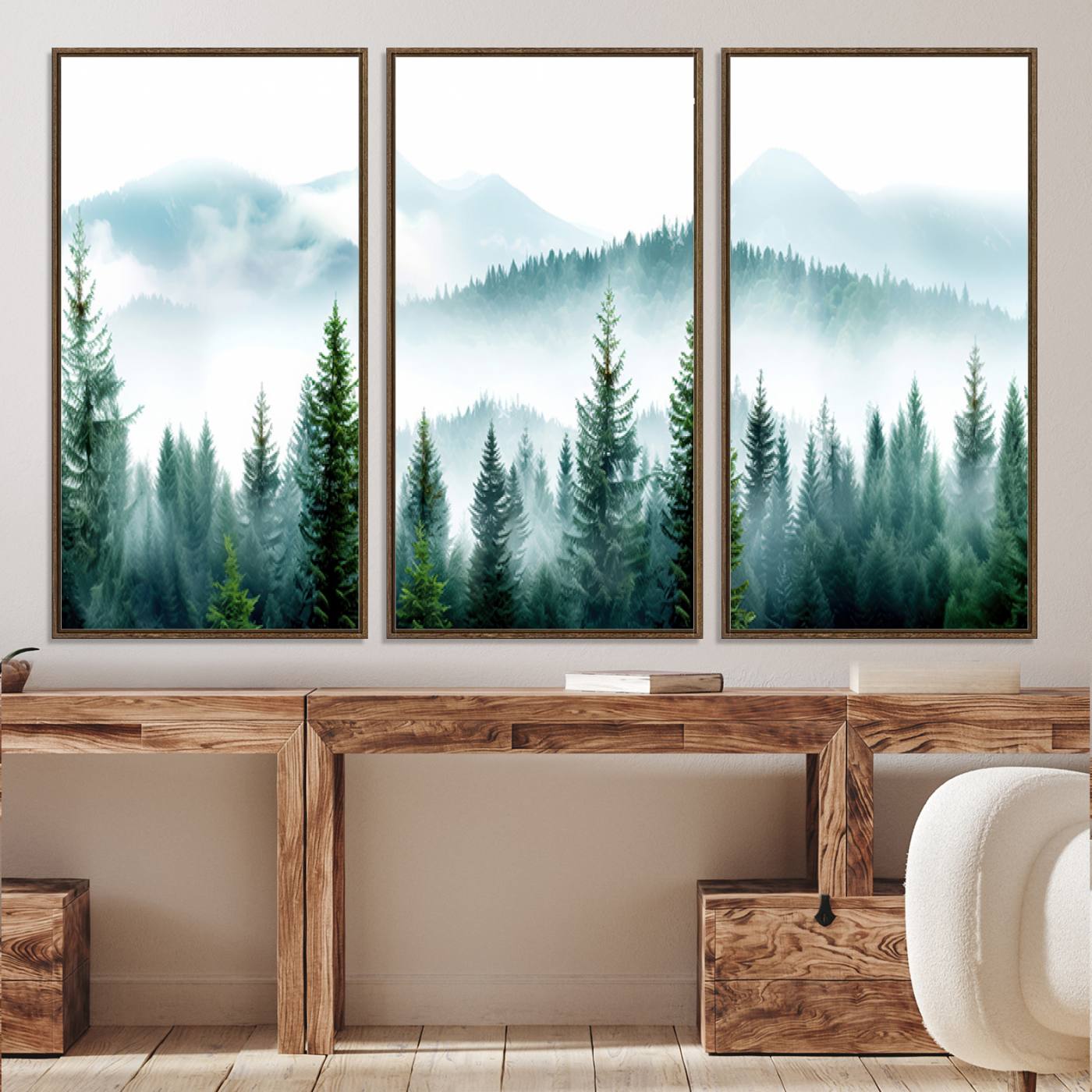 16716676-MGV-CV-36X24-Pine Forest Wall Art Canvas Print, Framed Misty Mountains Art Picture Print, Foggy Trees Perfect Moody Forest Artwork