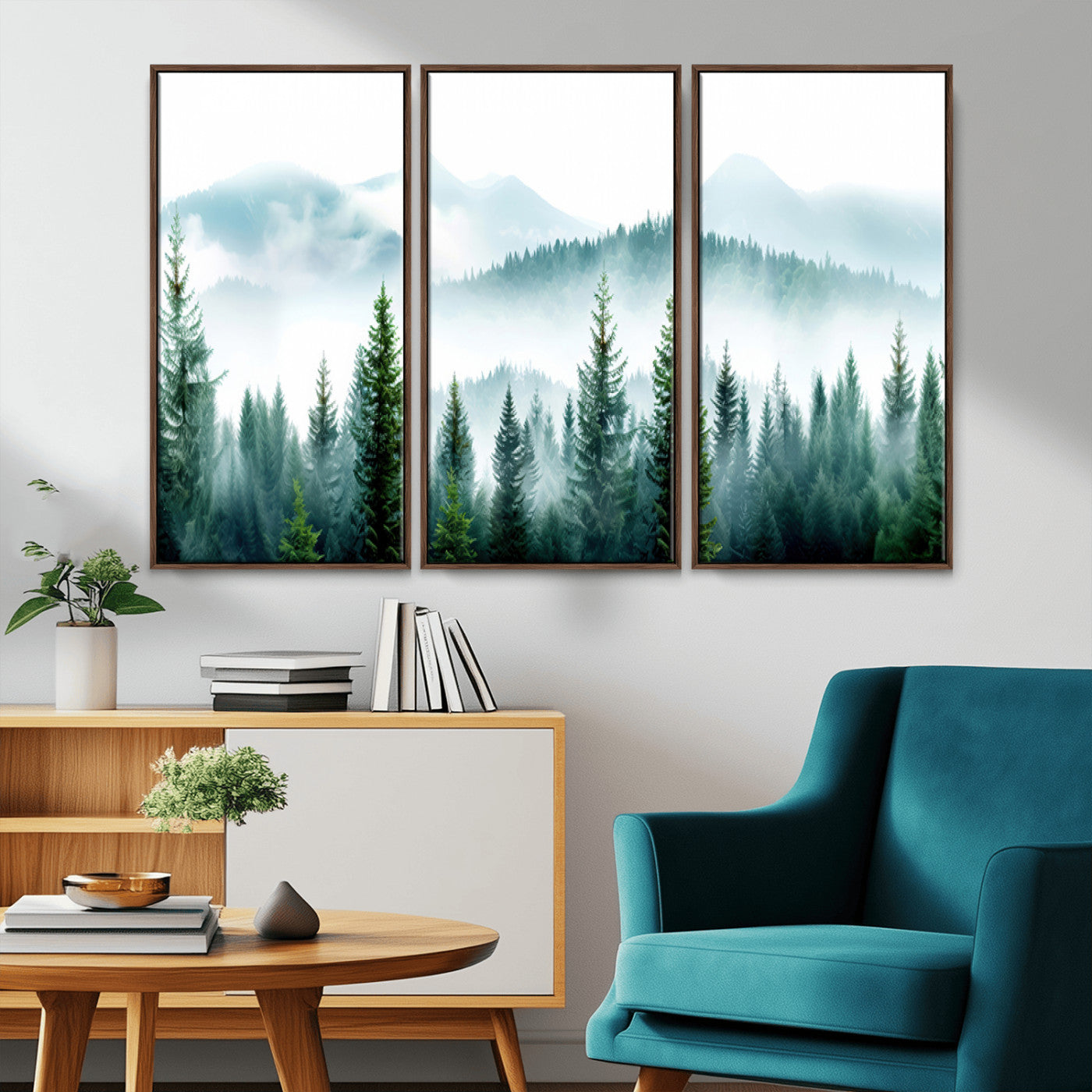 Canvas of pine forest and misty mountain layers in cool tones, perfect for moody forest or serene nature-inspired home decor.