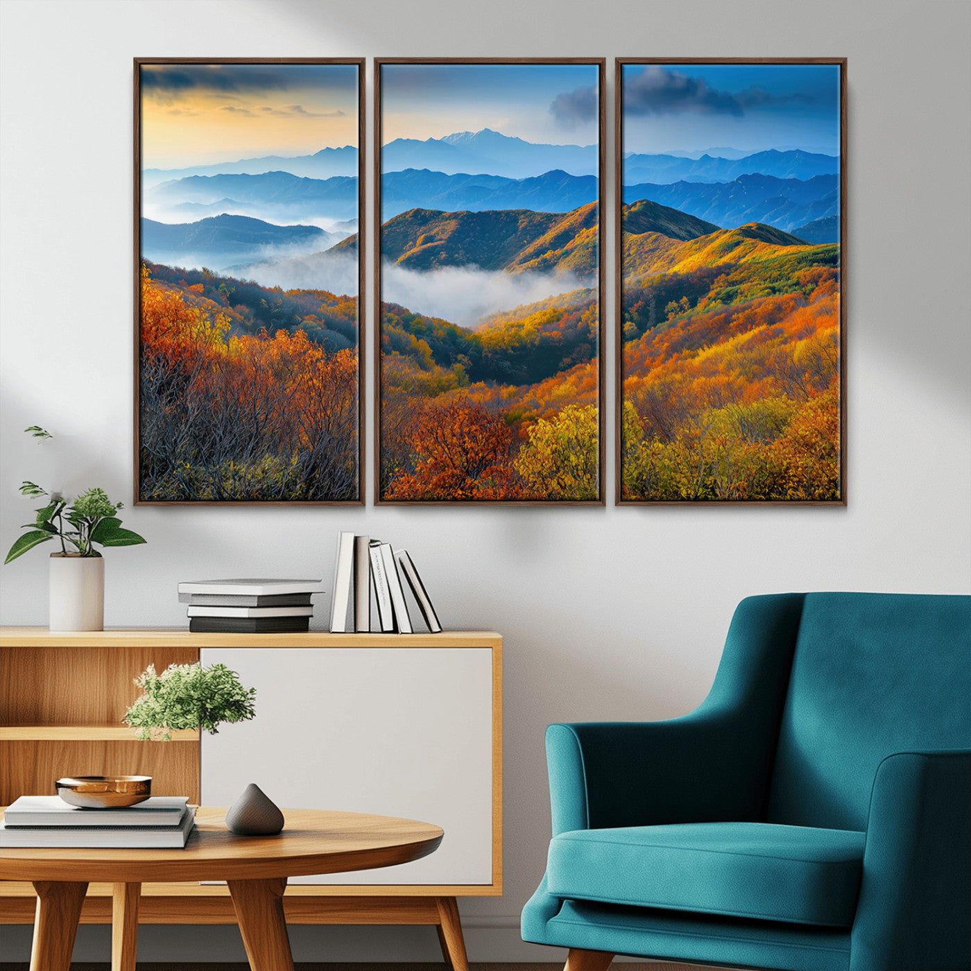 Vibrant canvas of autumn mountains with colorful trees, layered blue ridges, and soft morning fog, ideal for bright nature-themed decor.
