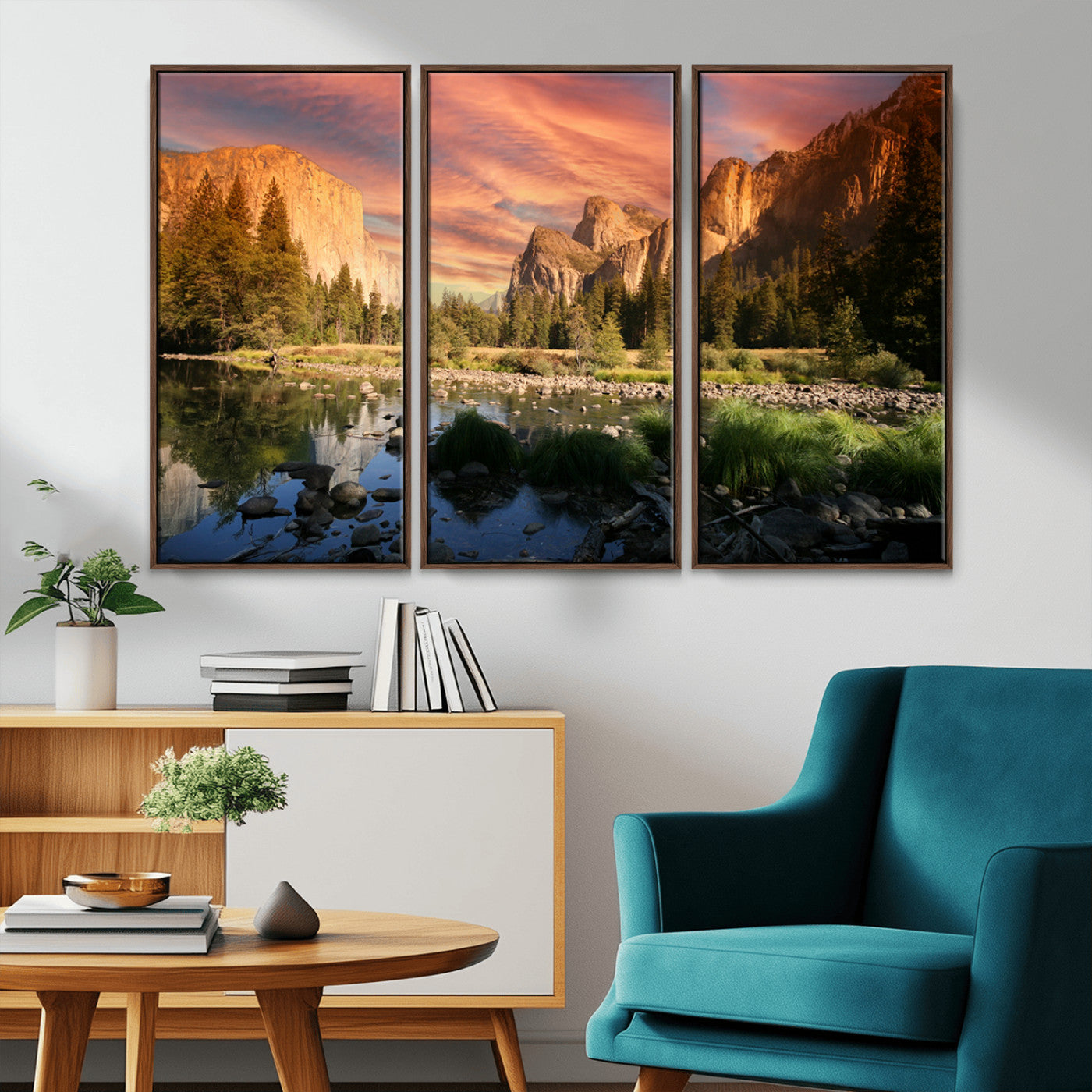 Canvas of Yosemite Valley with El Capitan and sunset sky, featuring vibrant tones ideal for rustic or nature-inspired home decor.