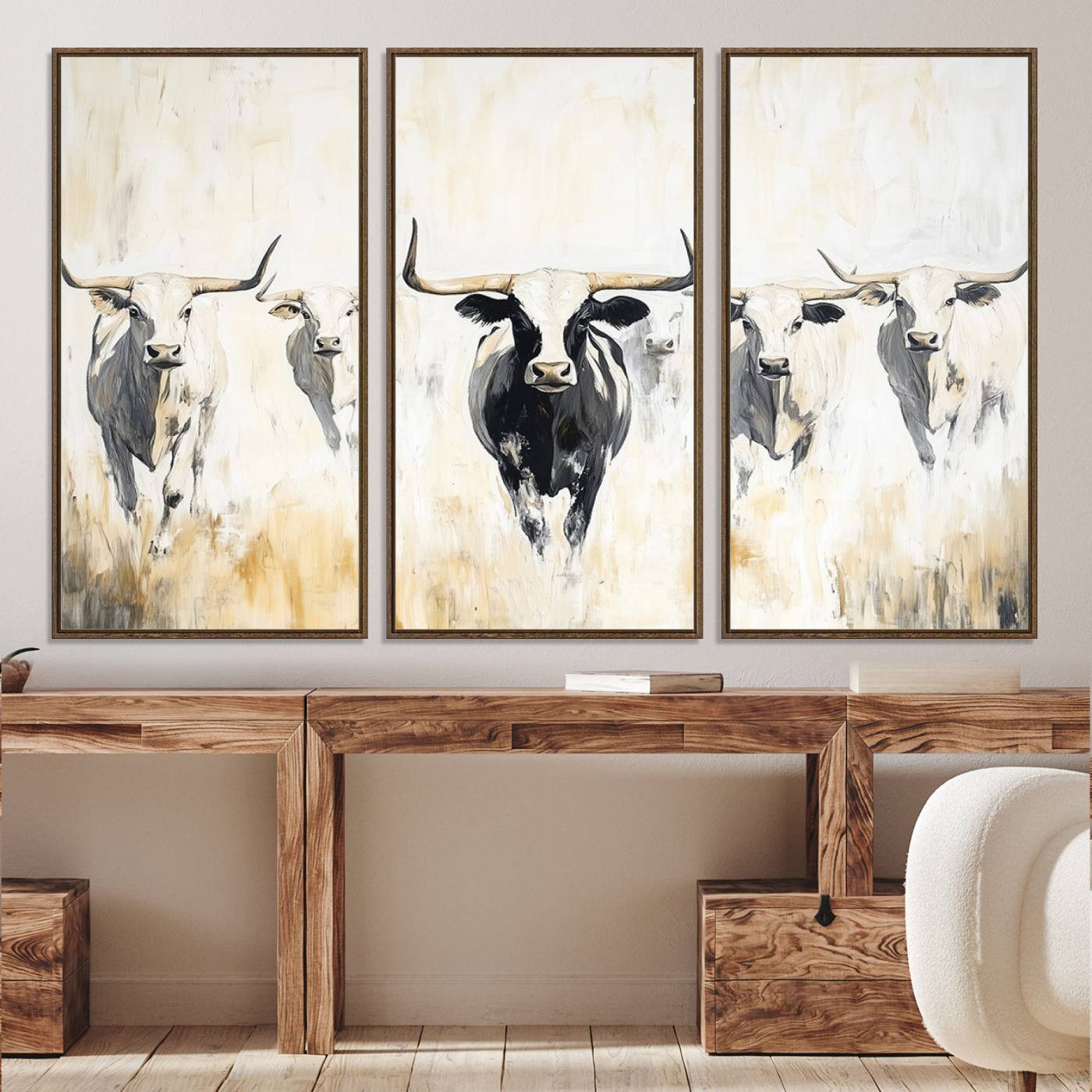 40397799-MGV-CV-36X24-Texas Longhorn Canvas Print, Framed Rustic Herd Art Picture Print, Western Bull Perfect Neutral Western Decor