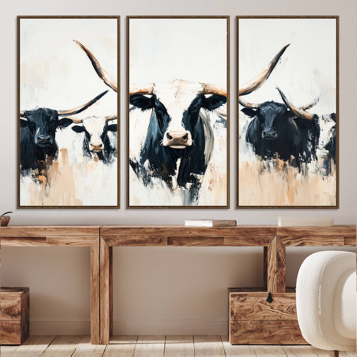 94780606-MGV-CV-36X24-Texas Longhorn Wall Art Canvas Print, Framed Western Cattle Art Picture Print, Horned Bull Perfect Rustic Western Decor, Western Cattle