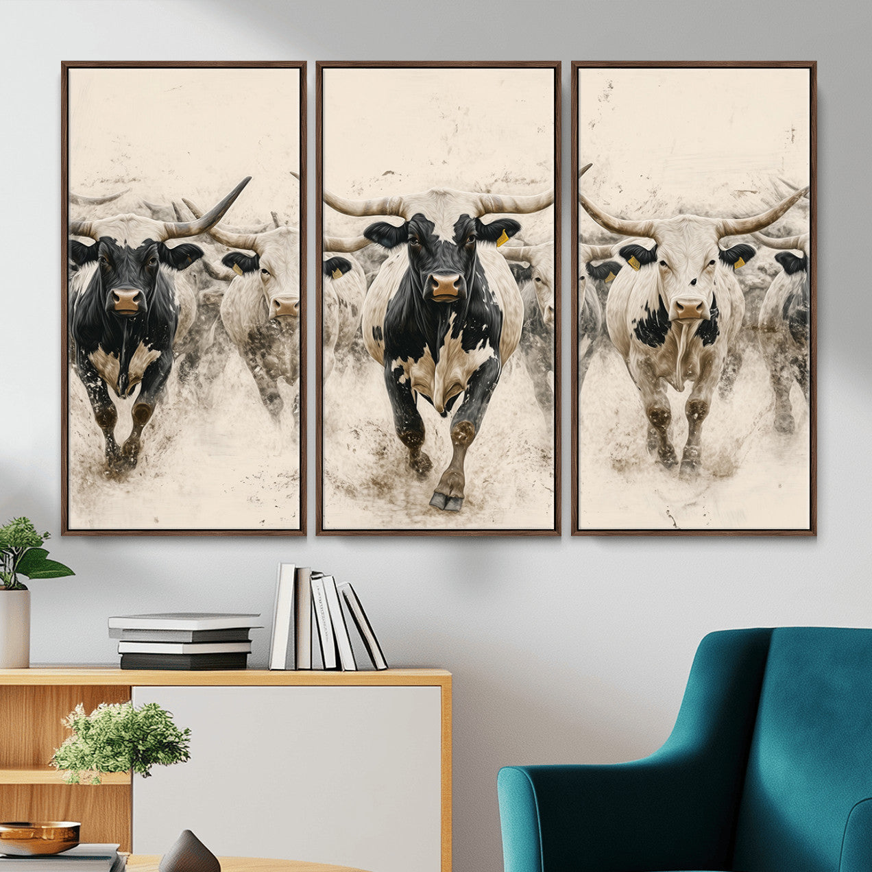 MGV-FC-48X32-3P - Cream Dust Longhorn Wall Art – Canvas Print of Western Herd Stampede, Dynamic Charge, Rustic Prairie Motion, Bold Nature Farm Decor