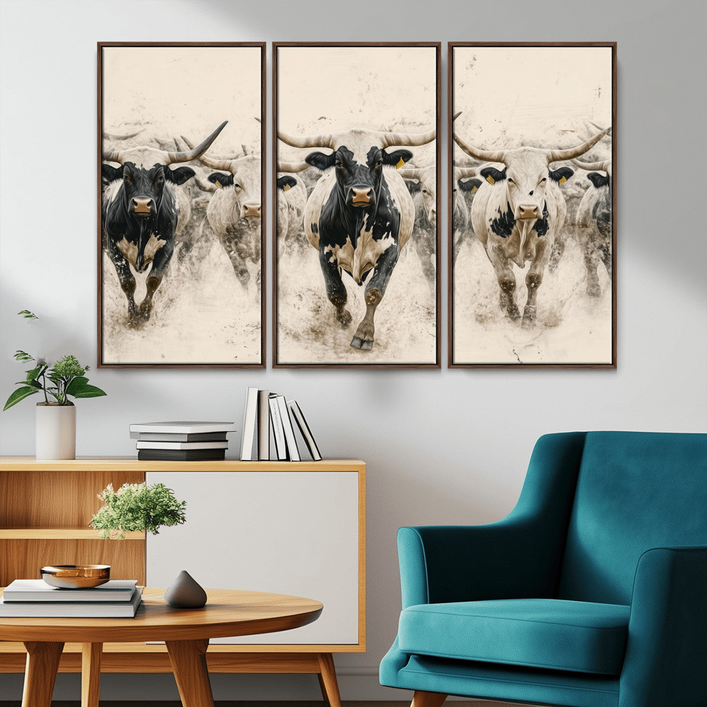Canvas artwork of Texas Longhorn bulls walking in a dusty herd, ideal for rustic Western or country-style interior decor.