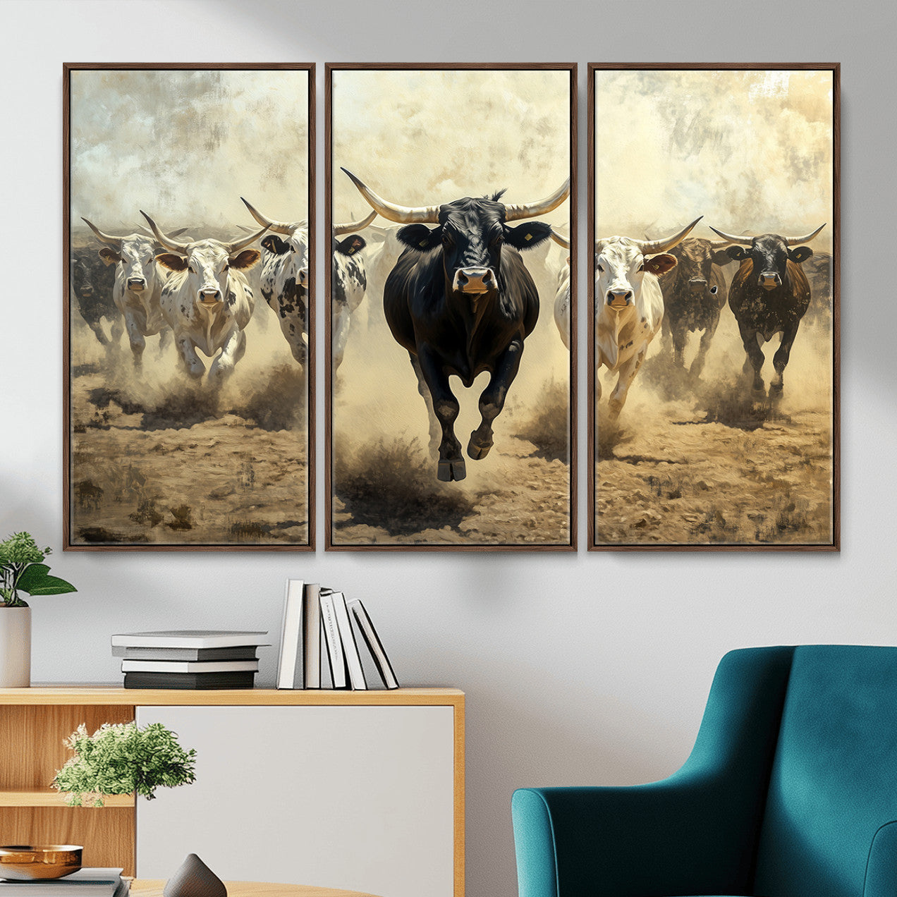 MGV-FC-48X32-3P - Running Cattle Wall Art – Canvas Print of Western Herd, Dust Stampede, Longhorns, Wild West Ranch, Bold Rustic Farm Decor for Home or Office