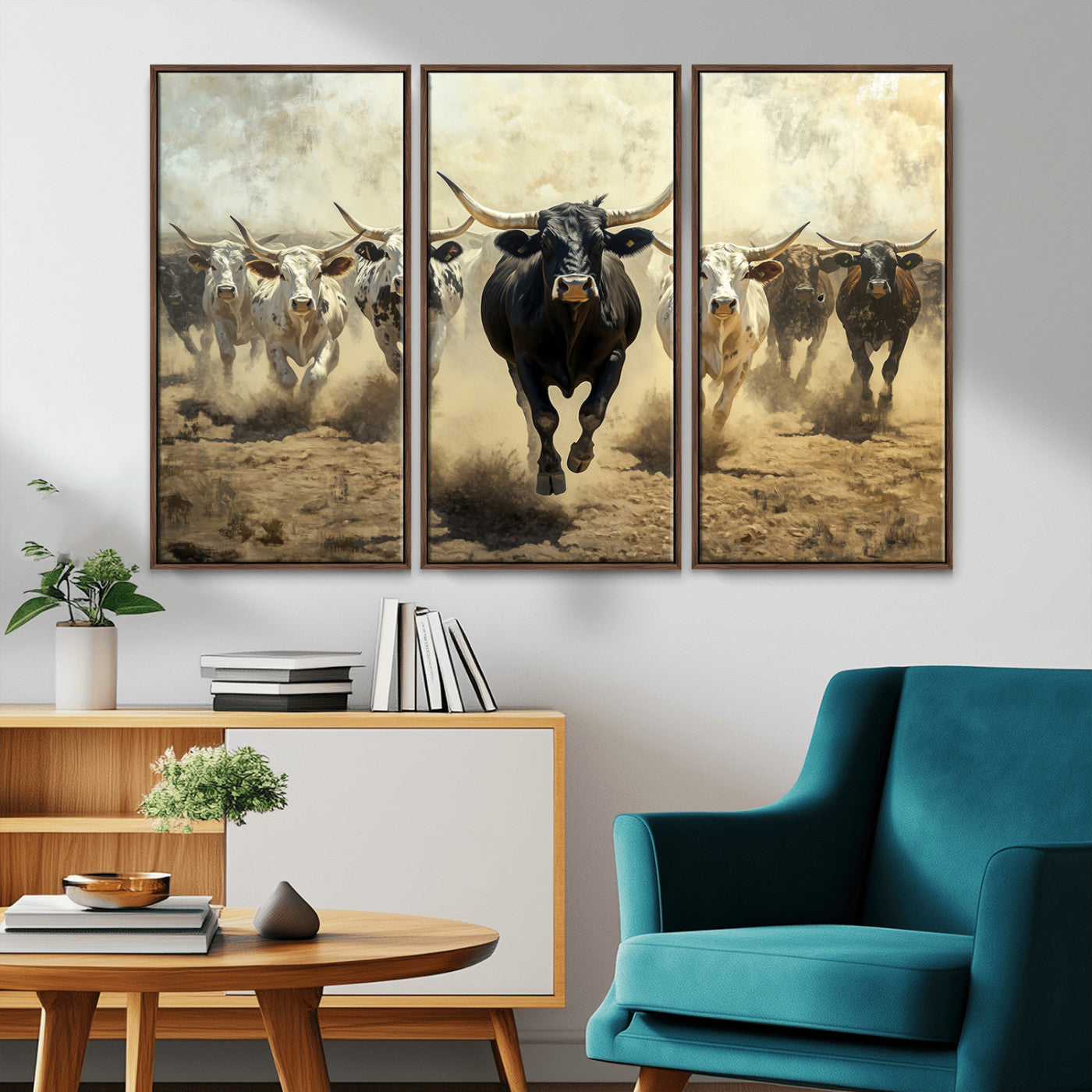 Dynamic canvas showing a Texas Longhorn stampede with earthy tones and bold movement, perfect for rustic or Western-style interiors.