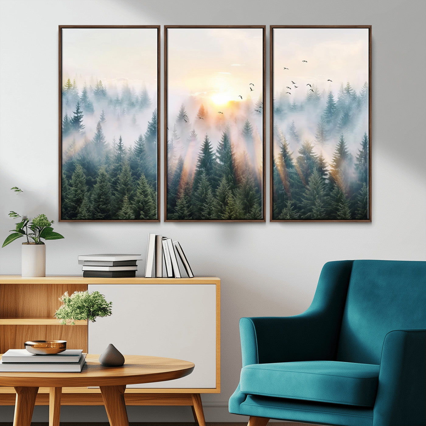 MGV-FC-48X32-3P - Misty Pine Forest Wall Art Canvas, Sunrise Over Foggy Trees Canvas for Home - Office, Framed