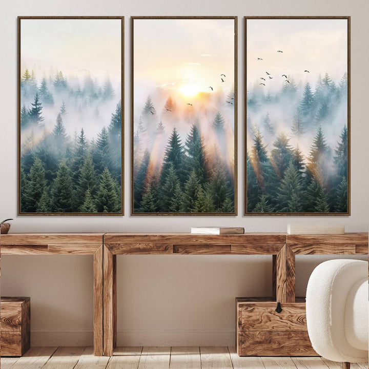 Misty Pine Forest Wall Art: A depiction of sunrise over foggy trees and birds against a bright sky; a framed woodland scene ideal for home or office decor.