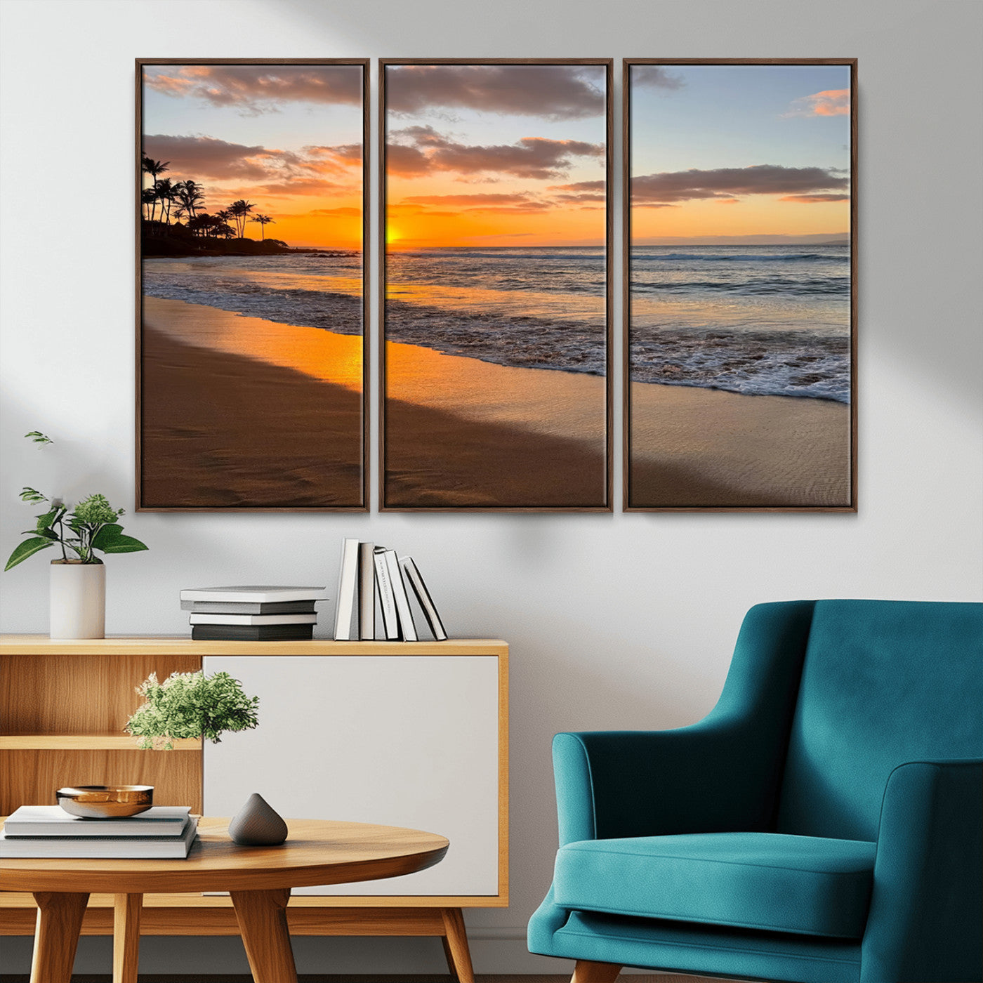Canvas of a tropical beach at sunset with golden reflections and palm trees, perfect for vibrant coastal or island-style decor.