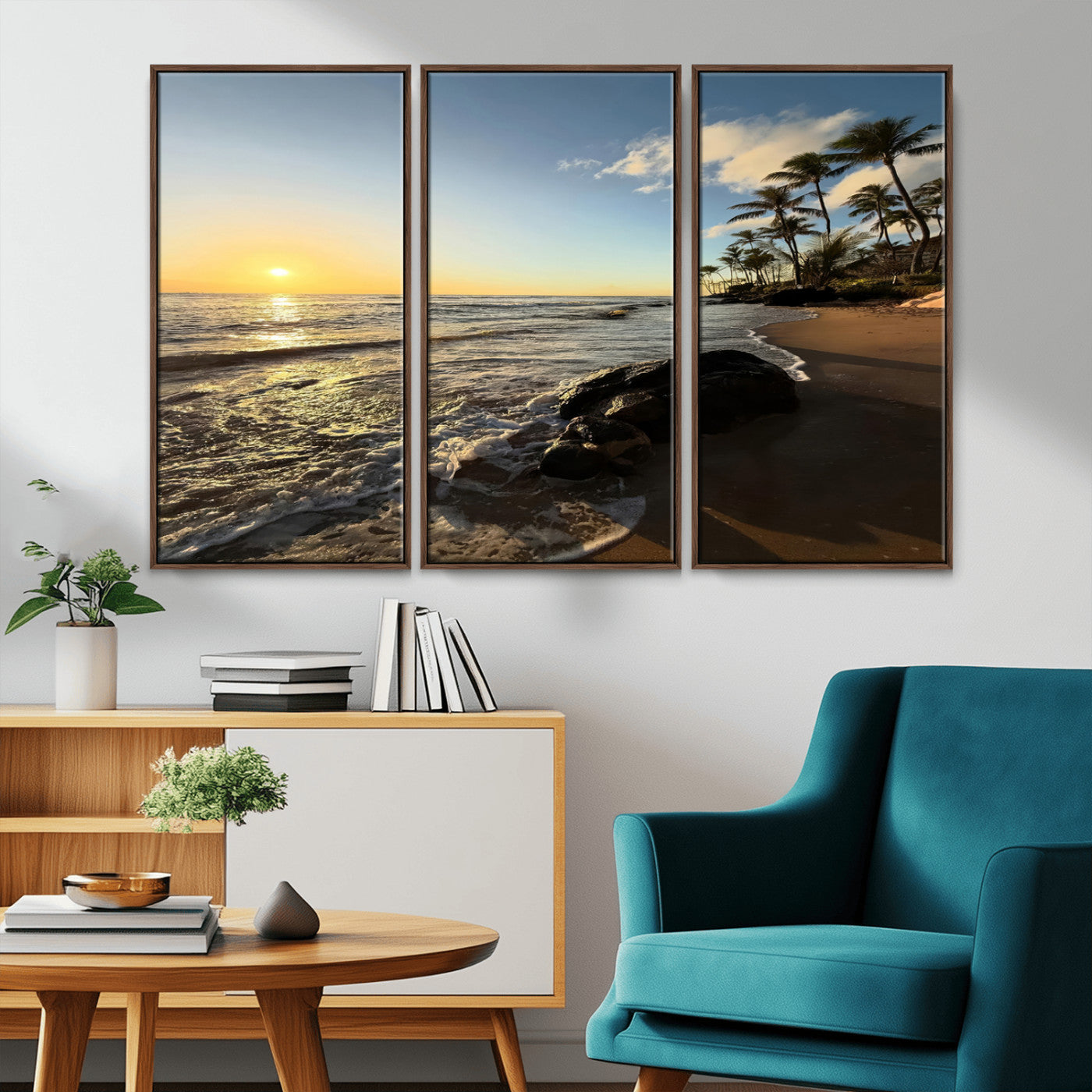 Canvas of a golden sunset on a tropical beach with palm trees and calm waves, perfect for coastal or island-themed home decor.