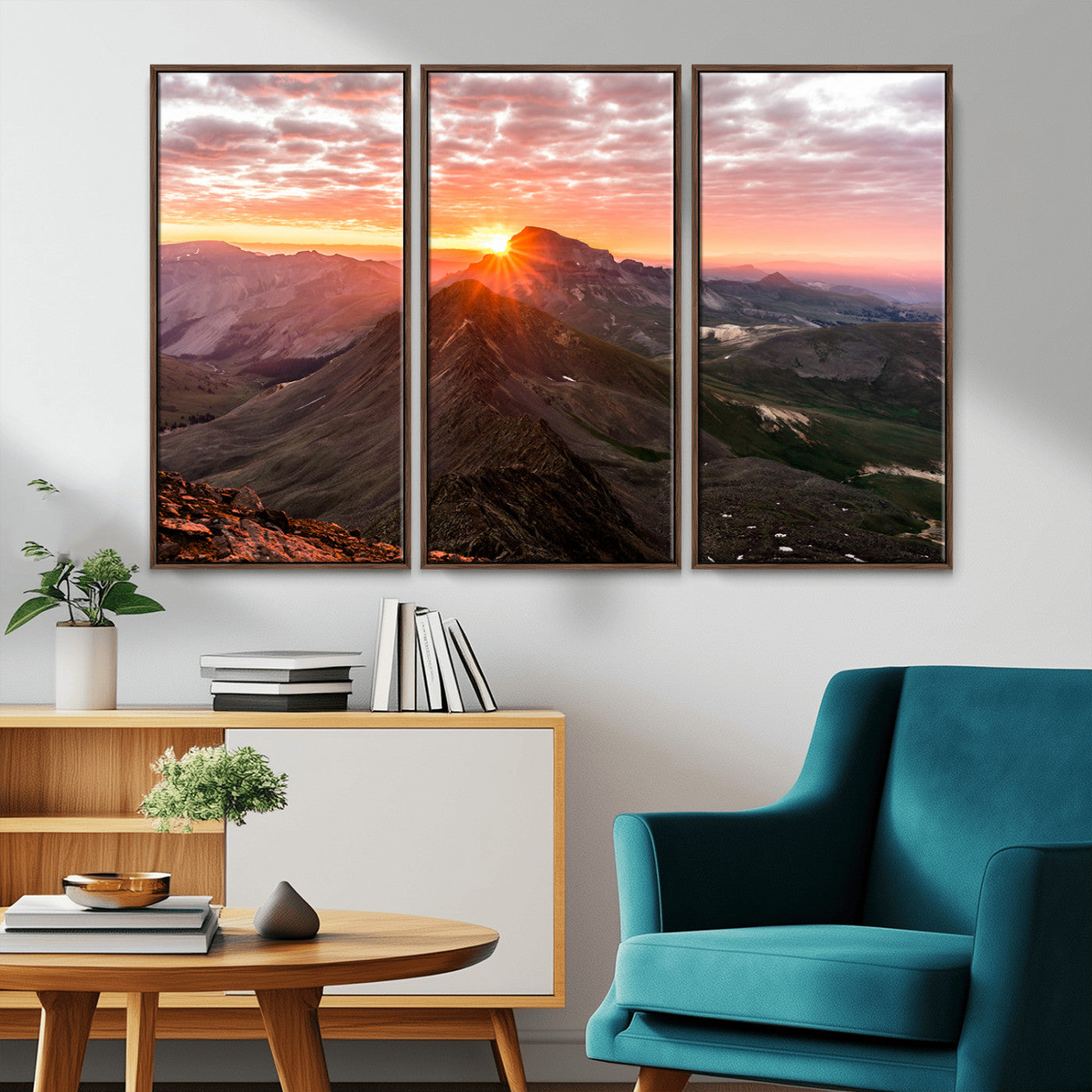 Canvas showing a mountain ridge at sunrise with golden light and dramatic clouds, perfect for nature or rustic-inspired wall decor.