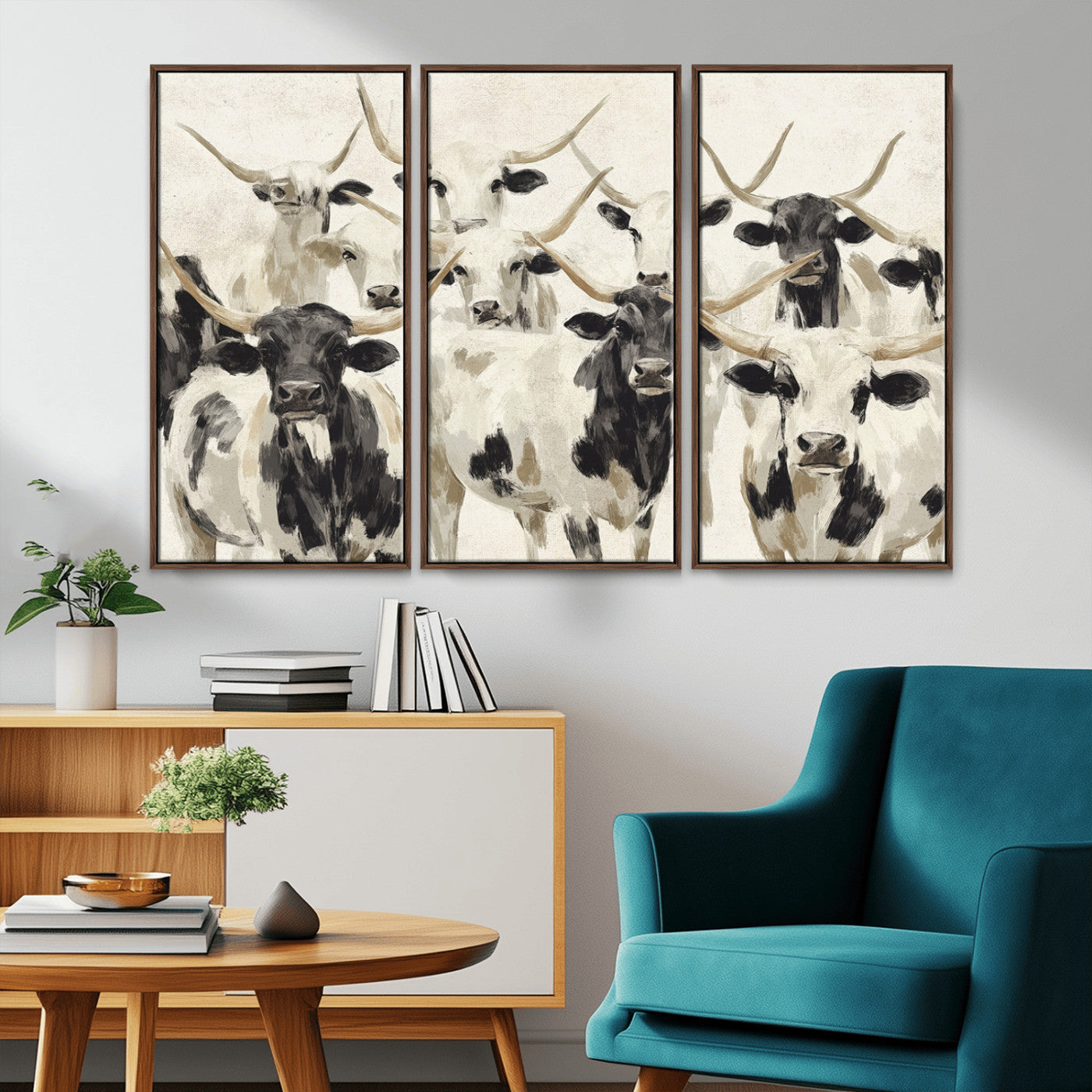 MGV-FC-48X32-3P - Longhorn Texas Cow Drawing Abstract Wall Art Canvas Print for Farmhouse Decor, Texas Bull Printing