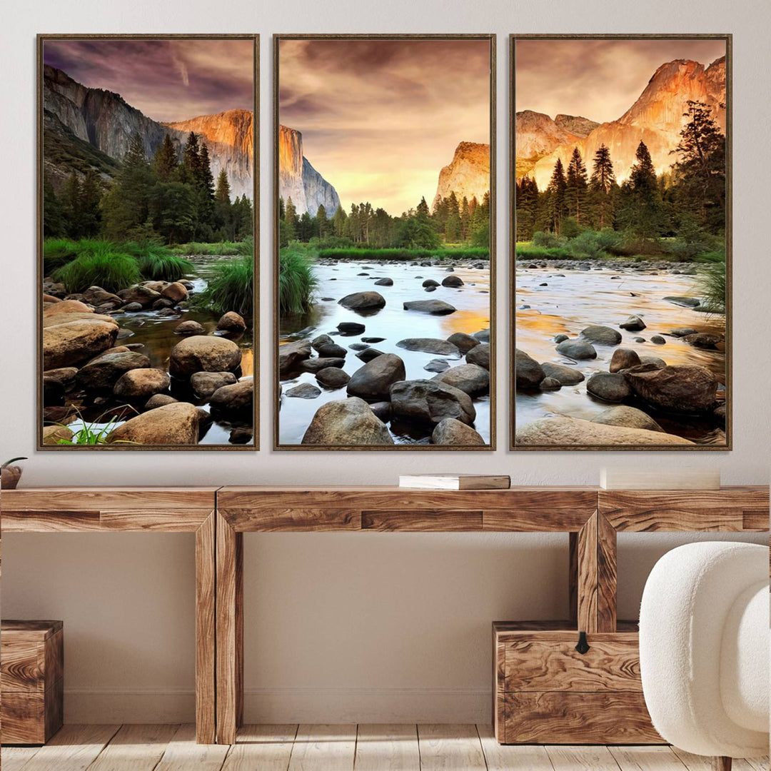 A tranquil riverside sunset mirrors the beauty of a Yosemite wall art masterpiece like the Large El Capitan Print.