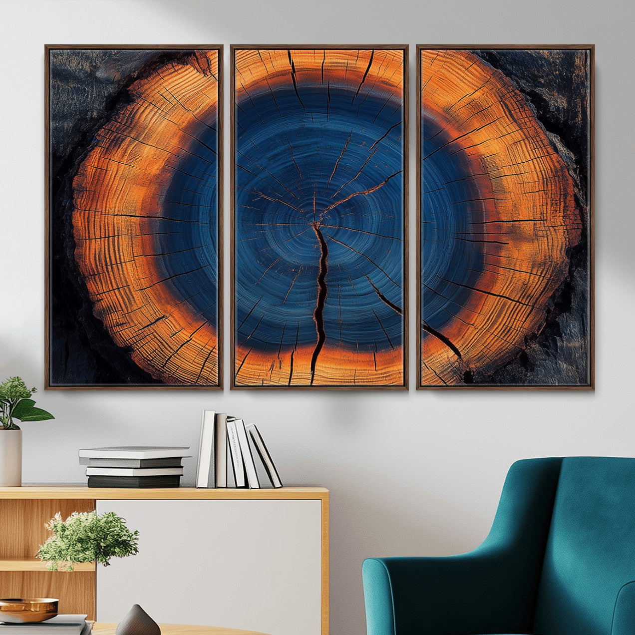 MGV-FC-48X32-3P - Abstract Tree Ring Wall Art Print, Natural Rustic Wood Texture Canvas Print, Framed Tree Ring Printing, Wood Tree Stump Artwork Canvas Print