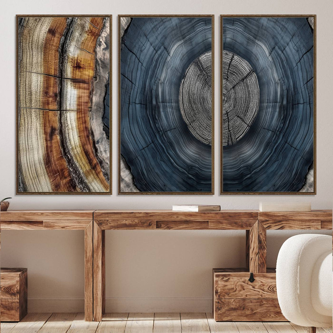 Close-up of the Abstract Tree Rings Wall Art Print featuring shades of blue, brown, and gray.