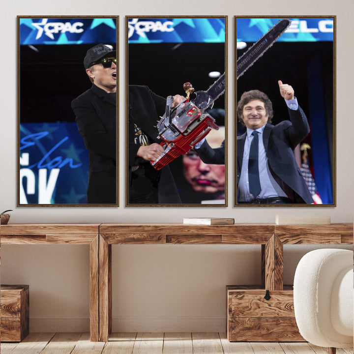 The wall art in the living room is an Elon Musk Chainsaw Art Print, depicting two men with chainsaws on stage in front of a vibrant crowd.