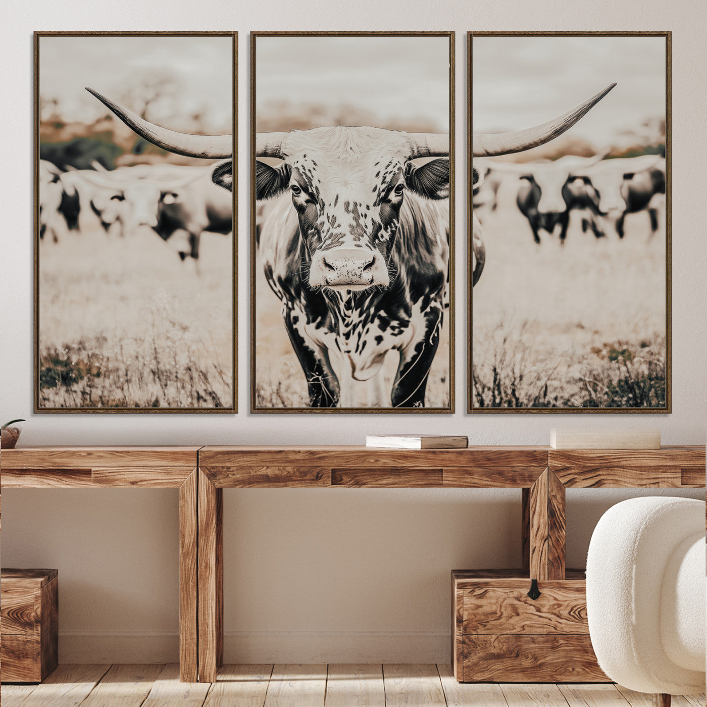 27497342-MGV-CV-36X24-Texas Longhorn Wall Art Canvas Print, Framed Speckled Cow Art Picture Print, Horned Cattle Perfect Rustic Western Decor Artwork