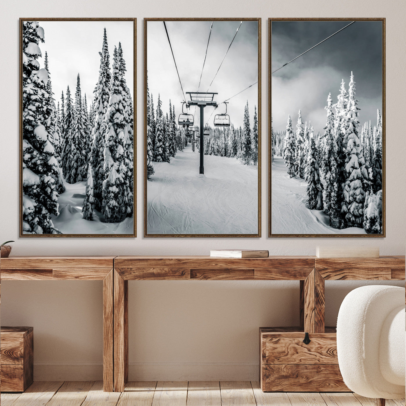 31156828-MGV-CV-36X24-Snowy Pines Wall Art Canvas Print, Framed Ski Lift Art Picture Print, Winter Forest Perfect Moody Lodge Decor, Ski Lift Wall Art Canvas