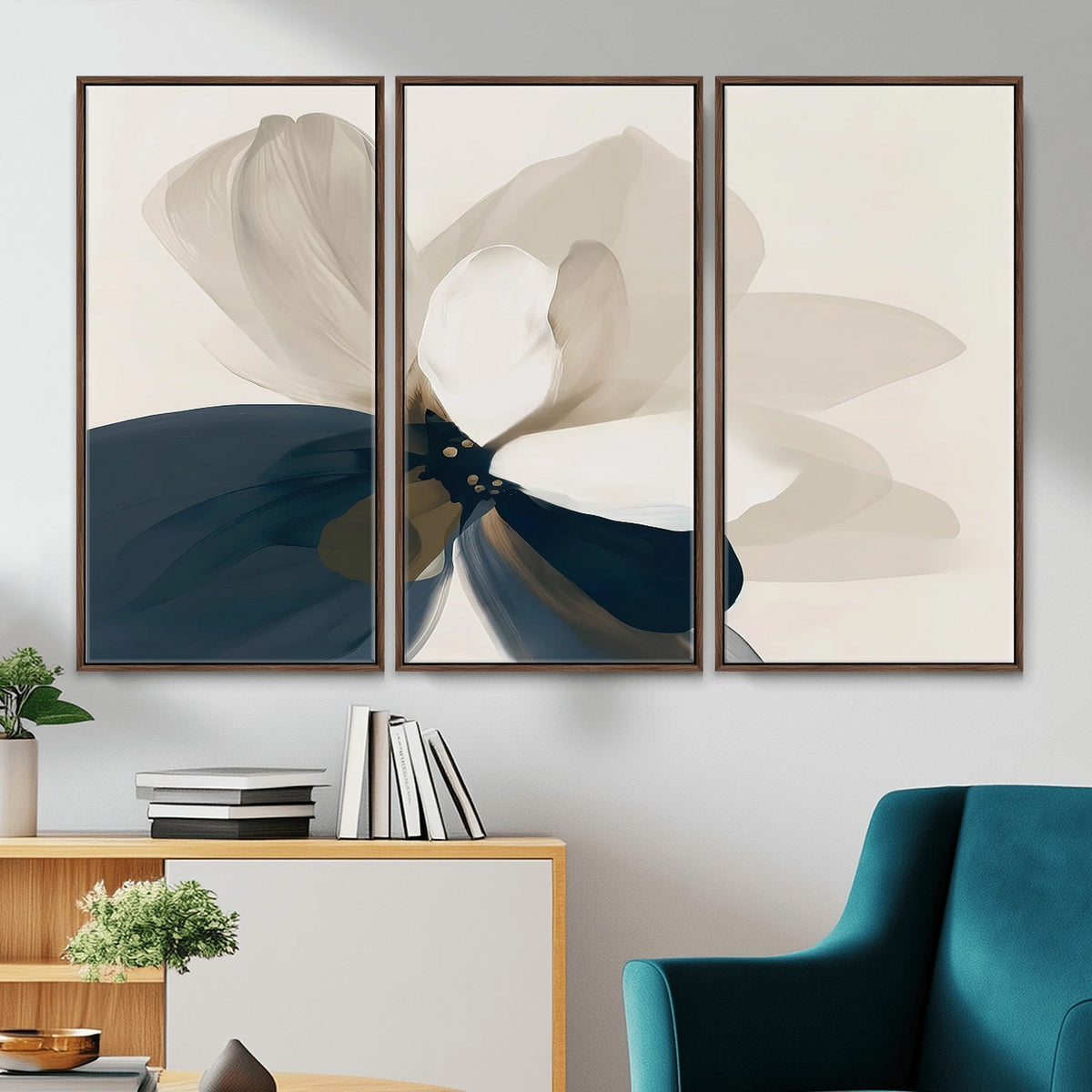 42188901-MGV-CV-24X16 - Minimal Flower Wall Art Canvas Print | Framed Beige and Navy Bloom