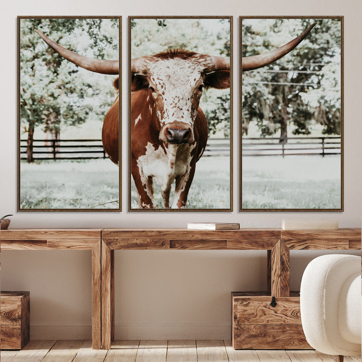 Texas Longhorn Wall Art Canvas Print, Framed Spotted Cow Art Picture Print, Horned Cattle Perfect Rustic Western Decor, Framed Horned Cattle Print