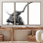 64392617-MGV-CV-36X24-Longhorn Wall Art Wall Art Canvas Print, Framed Modern Ranch Style Art Art Picture Print, Monochrome Cow Print Perfect Rustic Western Decor