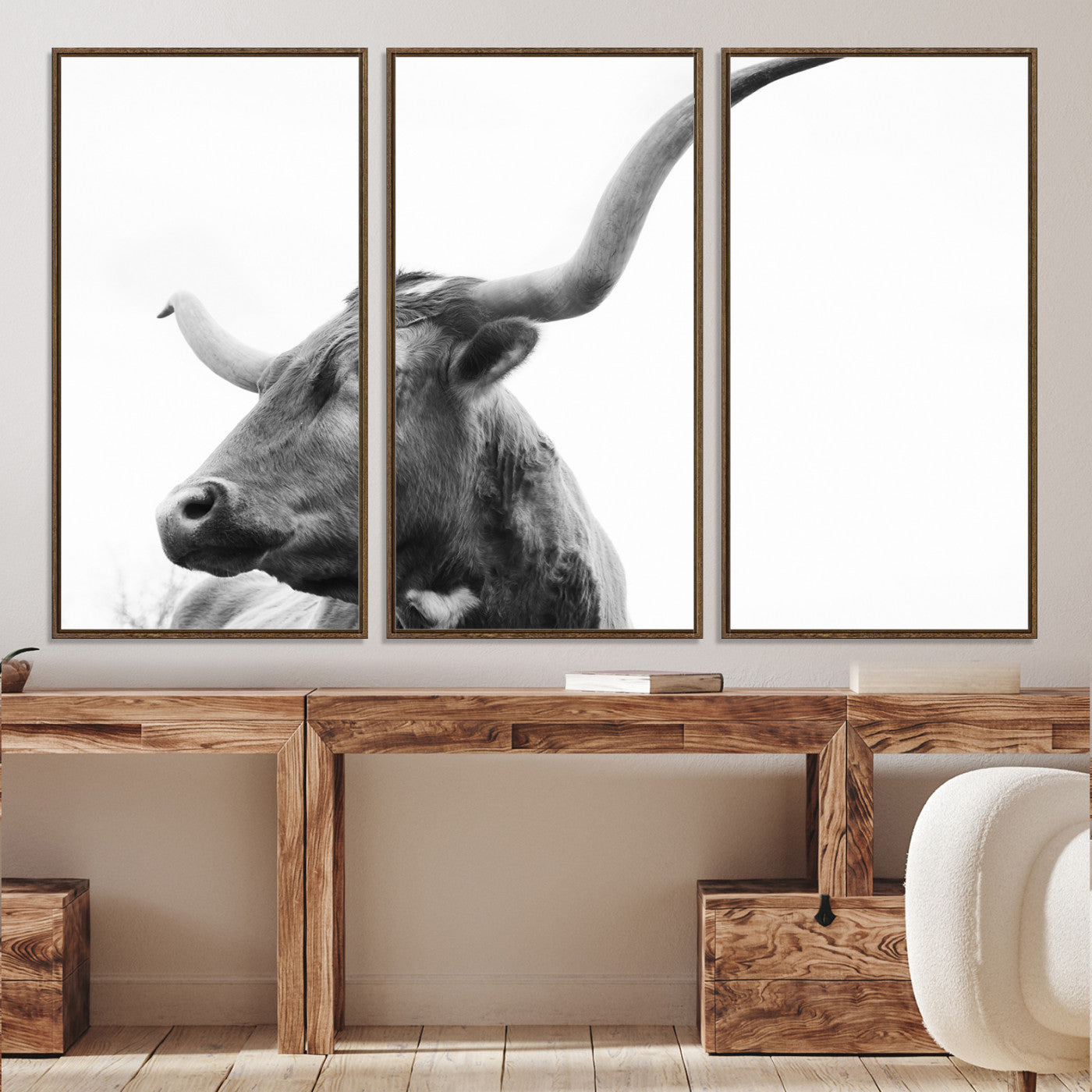 64392617-MGV-CV-36X24-Longhorn Wall Art Wall Art Canvas Print, Framed Modern Ranch Style Art Art Picture Print, Monochrome Cow Print Perfect Rustic Western Decor