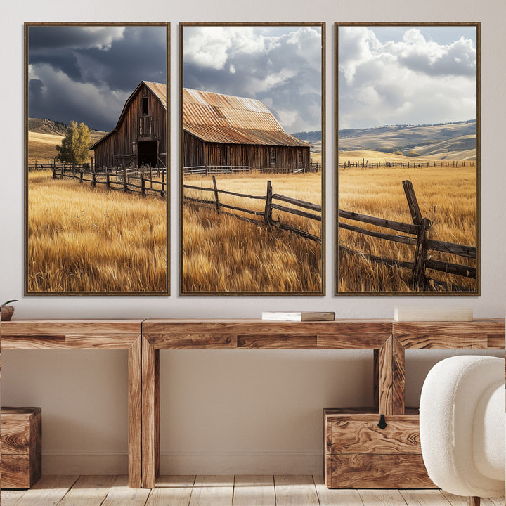 Canvas of a weathered wooden barn in a golden field under a dramatic sky, perfect for rustic or farmhouse-style wall decor.