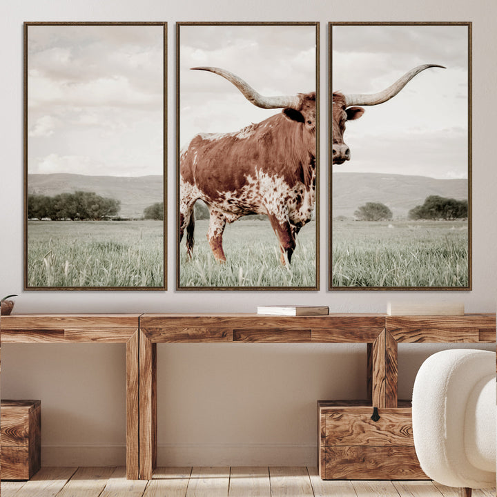 Texas Longhorn Wall Art Canvas Print, Framed Spotted Cattle Art Picture Print, Horned Bull Perfect Rustic Western Decor Artwork