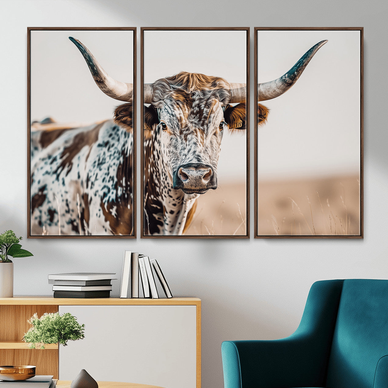 70414966-MGV-FC-48X32-3P - Majestic Longhorn Wall Art – Canvas Print of Strong Stance Intricate Fur & Sharp Horns Rustic Elegance & Timeless Wild Beauty Decor for Living Room, Office or Bedroom