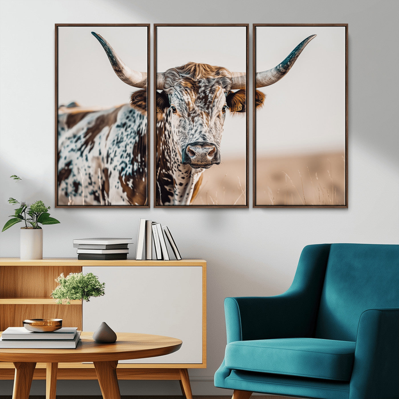 Canvas of a speckled Texas longhorn with wide curved horns and warm tones, perfect for rustic or country-style wall decor.