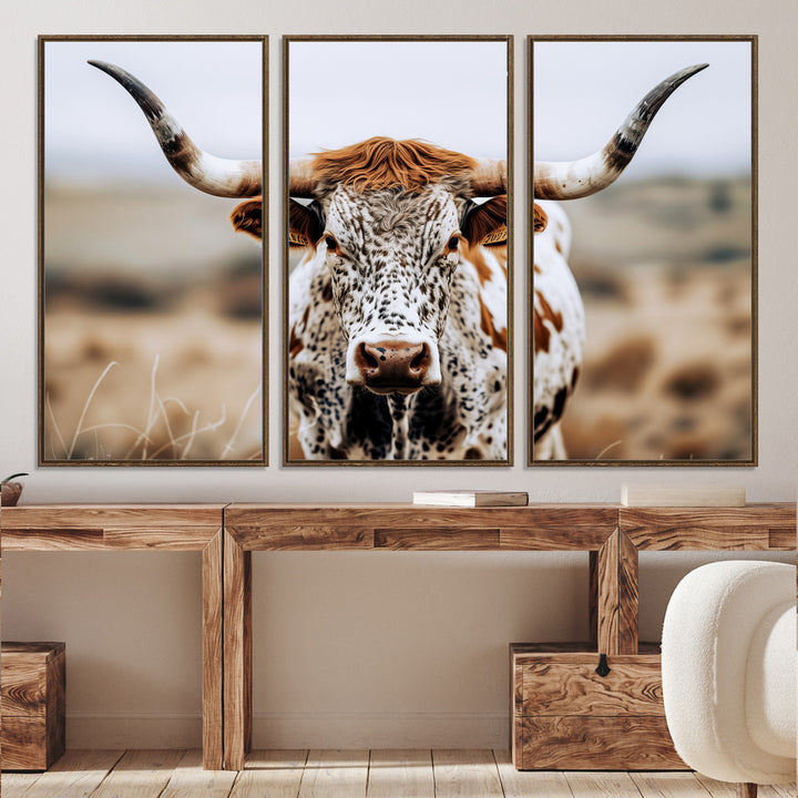 Texas Longhorn Wall Art Canvas Print, Framed Spotted Cow Art Picture Print, Horned Cattle Perfect Rustic Western Decor Artwork