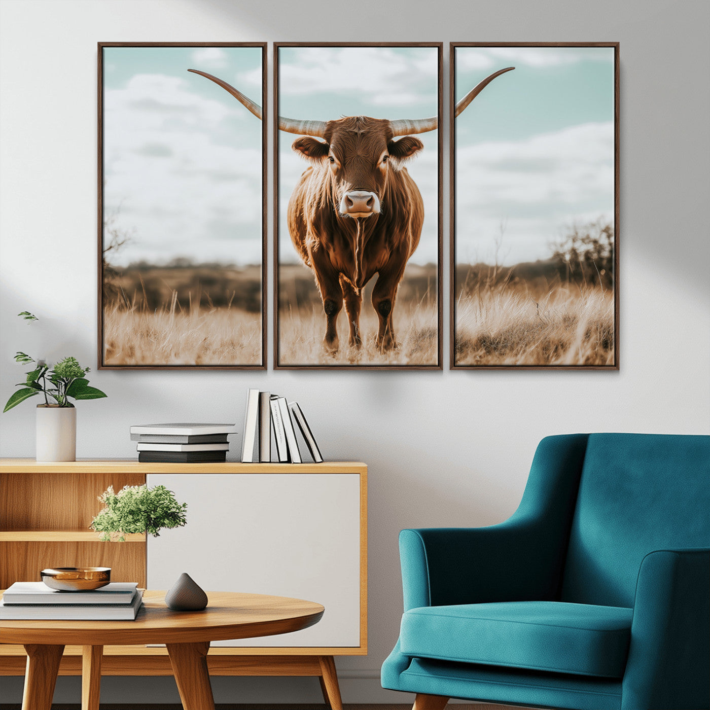 Texas Longhorn standing in a golden prairie under soft skies, ideal for rustic or western-style decor with warm natural tones.