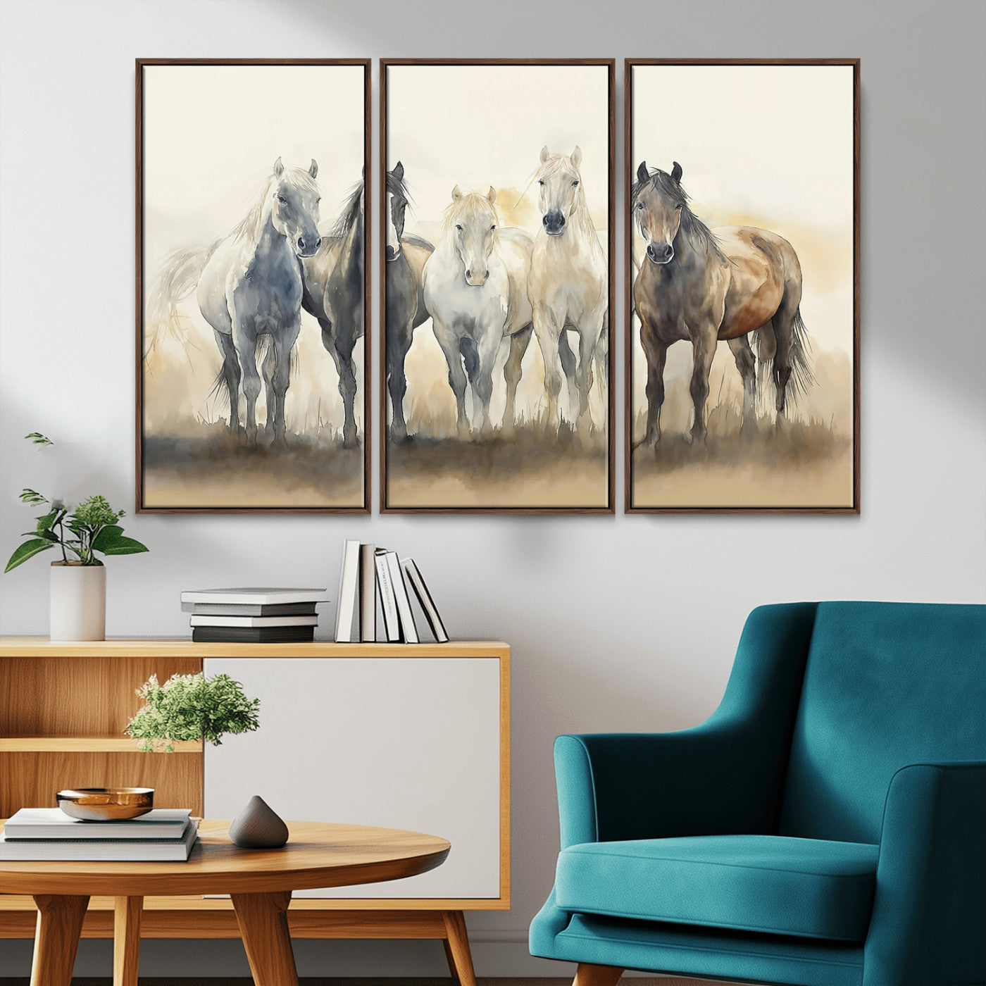 MGV-FC-48X32-3P - Wild Horses Wall Art Canvas Print, Framed Running Horses Art Picture Print, Watercolor Horses Perfect Rustic Western Decor Artwork