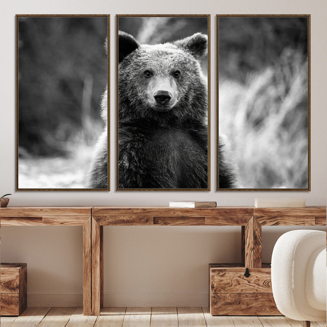 Grizzly Bear Wall Art Canvas Print, Framed Black White Bear Art Picture Print, Wild Bear Perfect Rustic Wildlife Decor