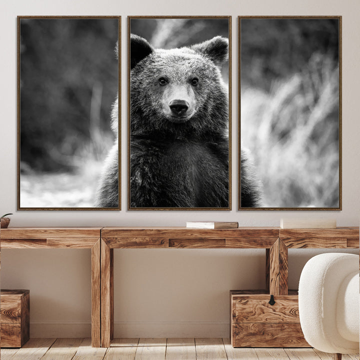 Grizzly Bear Wall Art Canvas Print, Framed Black White Bear Art Picture Print, Wild Bear Perfect Rustic Wildlife Decor