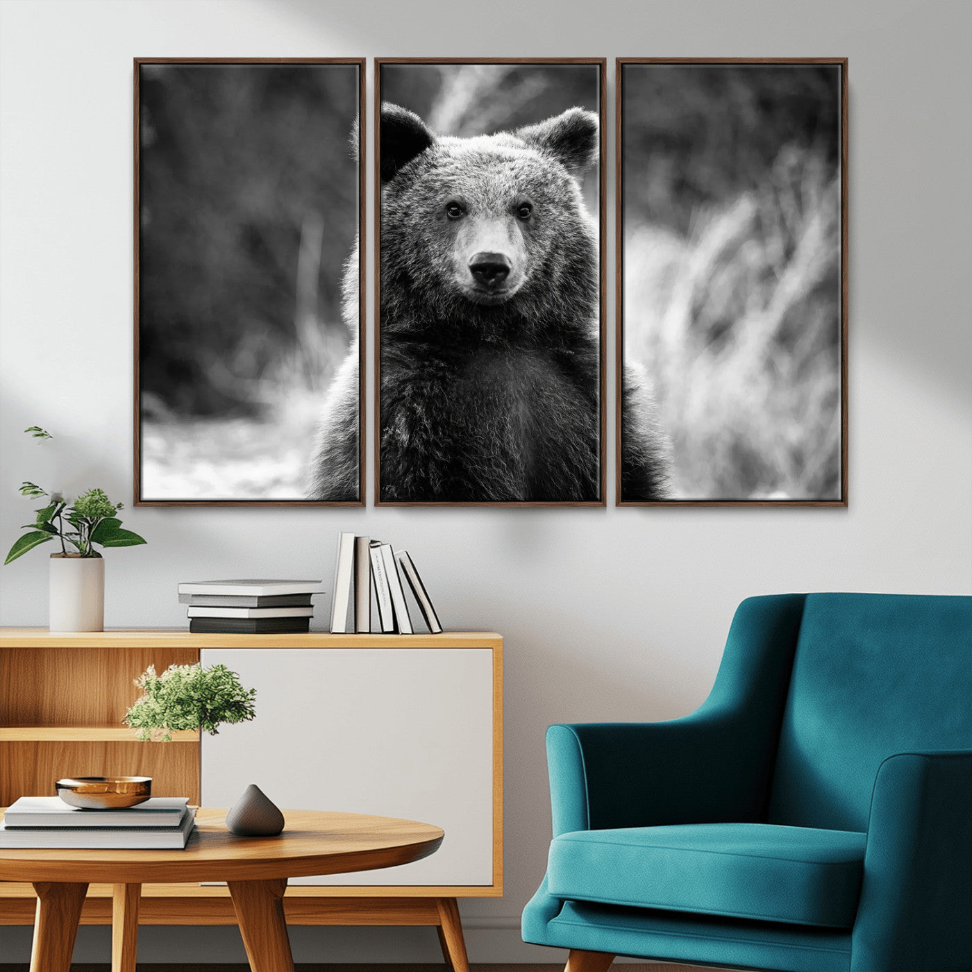 MGV-FC-48X32-3P - Grizzly Bear Wall Art Canvas Print, Framed Black White Bear Art Picture Print, Wild Bear Perfect Rustic Wildlife Decor Artwork
