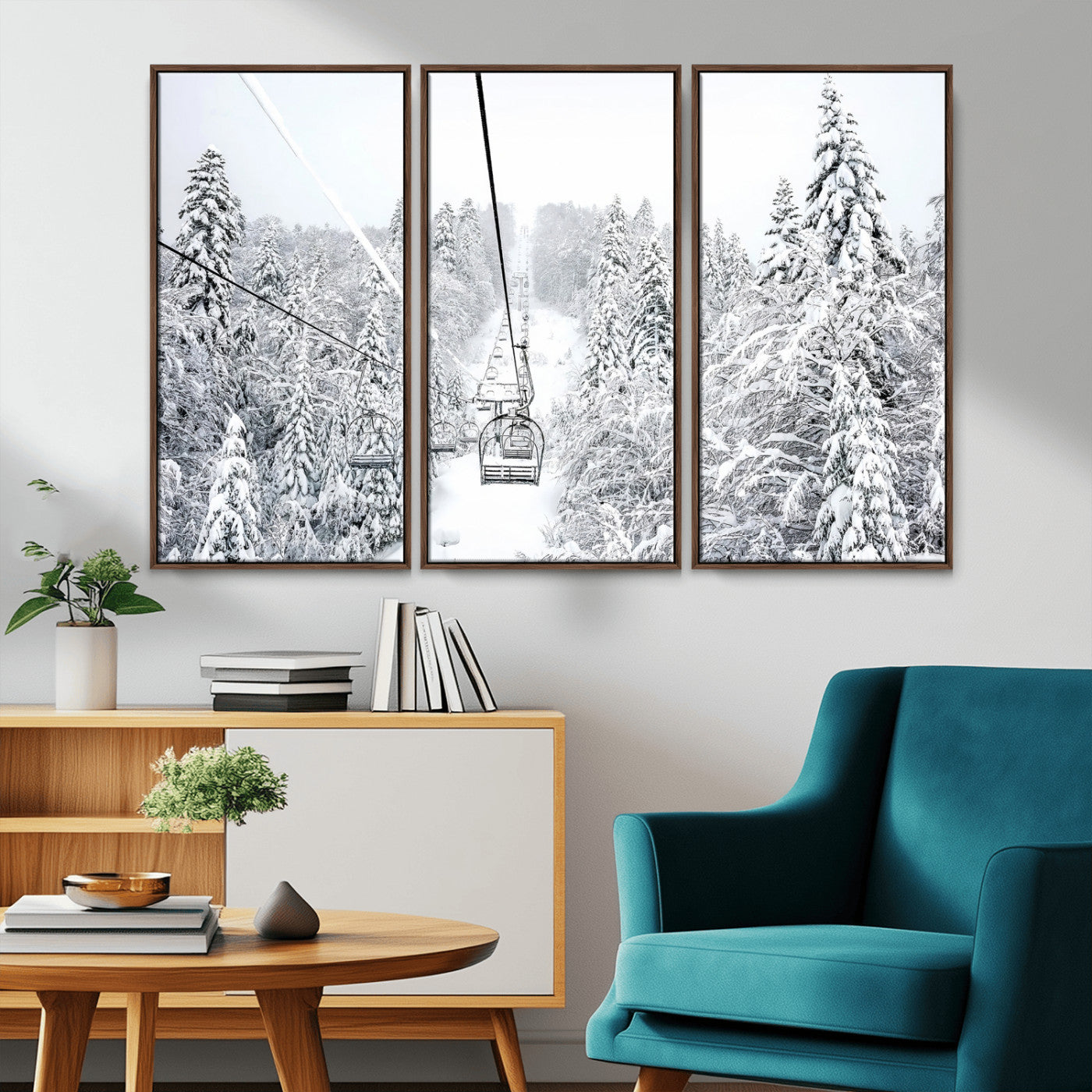 Snowy mountain landscape with a ski lift and snow-covered trees, ideal for winter-themed home decor. Perfect for modern, minimalist interiors.