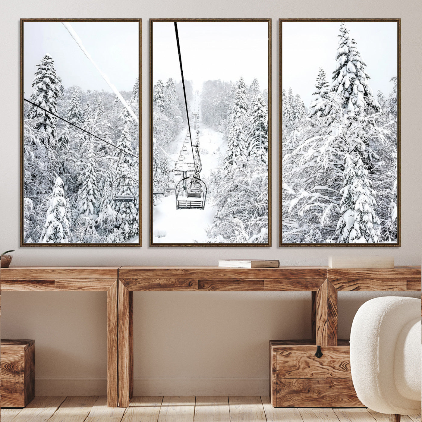60296839-MGV-CV-36X24-Snowy Mountains Wall Art Canvas Print, Framed Ski Lift Art Picture Print, Winter Forest Perfect Winter Minimalist Decor, Ski Lift Canvas