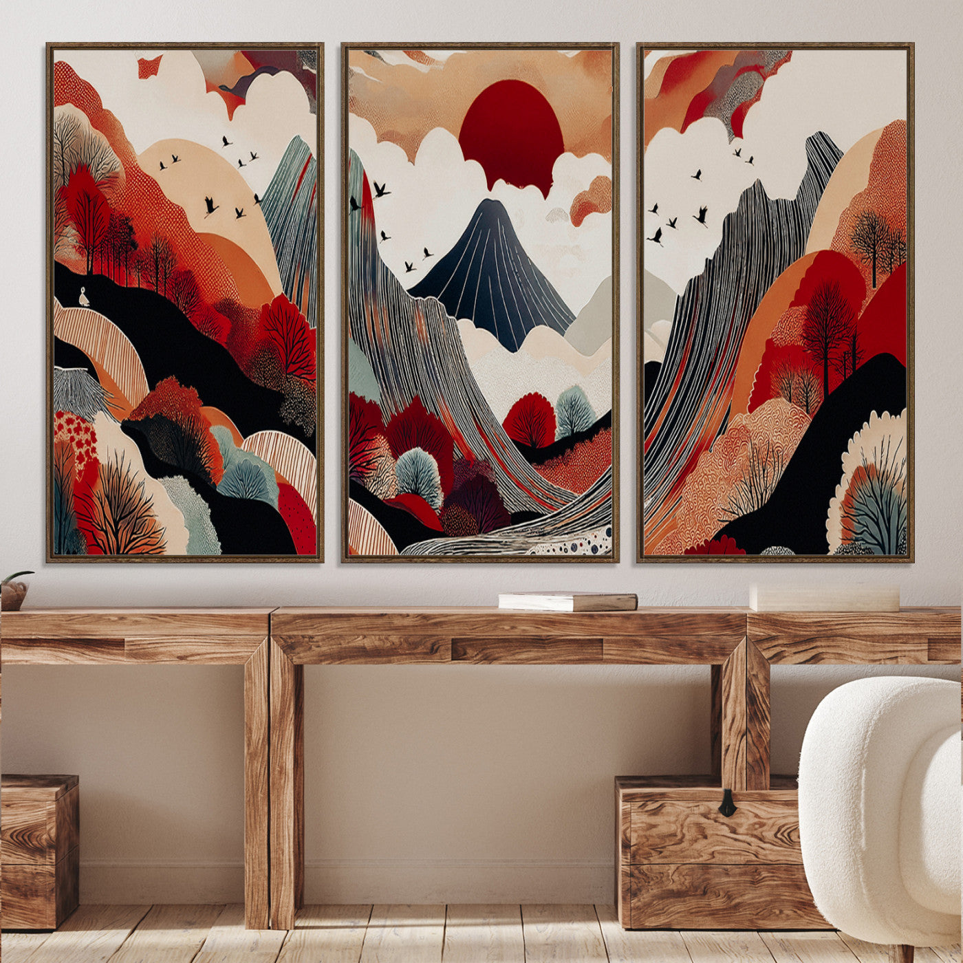 49034575-MGV-CV-60X30-3P-Abstract Mountain Wall Art Canvas Print, Framed Vibrant Landscape Art Picture Print, Stylized Nature Drawing Perfect Contemporary Minimalist
