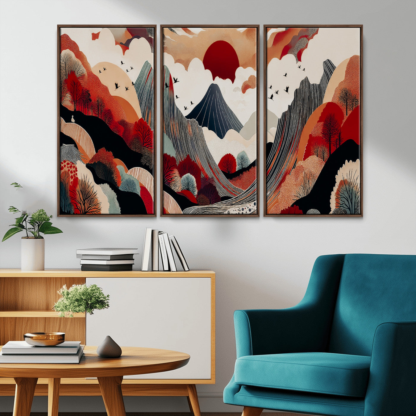 Abstract nature illustration with a red sun, mountains, and vibrant landscapes in graphic style, perfect for contemporary minimalist home decor. Ideal for modern spaces.