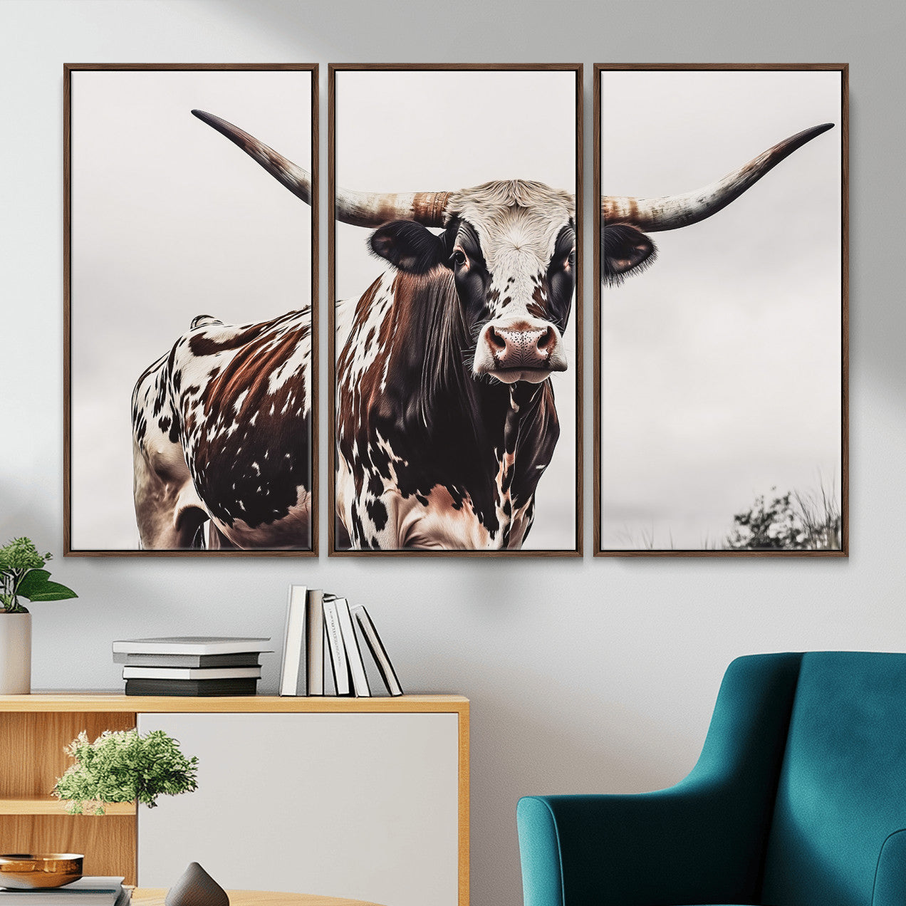 MGV-FC-48X32-3P - Texas Longhorn Wall Art Canvas Print, Framed Spotted Bull Art Picture Print, Horned Cattle Perfect Rustic Farmhouse Decor Artwork