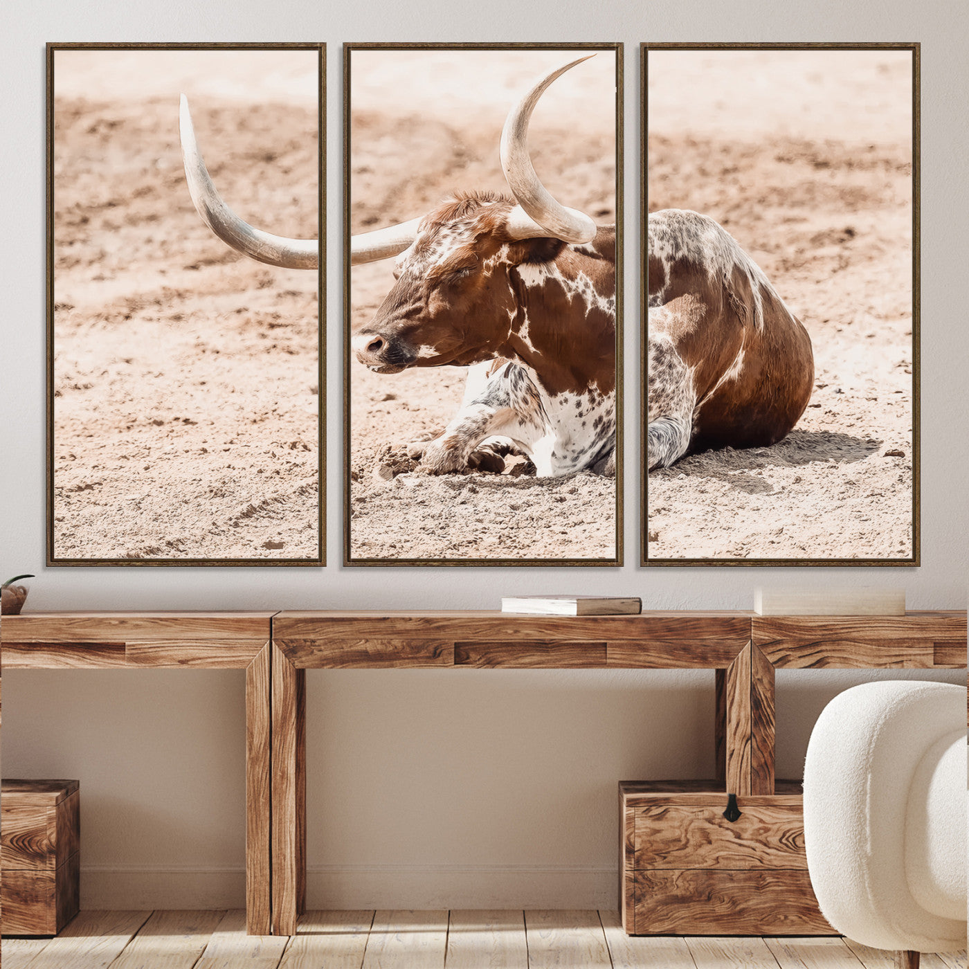 91248682-MGV-CV-36X24-Texas Longhorn Wall Art Canvas Print, Framed Resting Bull Art Picture Print, Spotted Cattle Perfect Rustic Western Decor, Spotted Cattle
