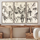Running Horses Wall Art Canvas Print, Framed Horse Sketch Art Picture Print, Galloping Herd Perfect Monochrome Western Decor